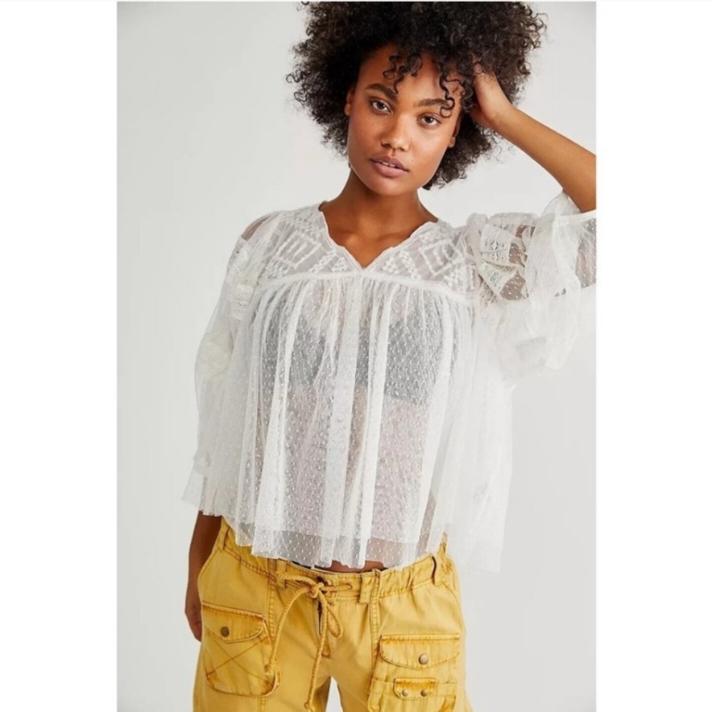 Free People True Candy Tunic Peasant Top Blouse‎ White Boho NWOT $128 MSRP Small